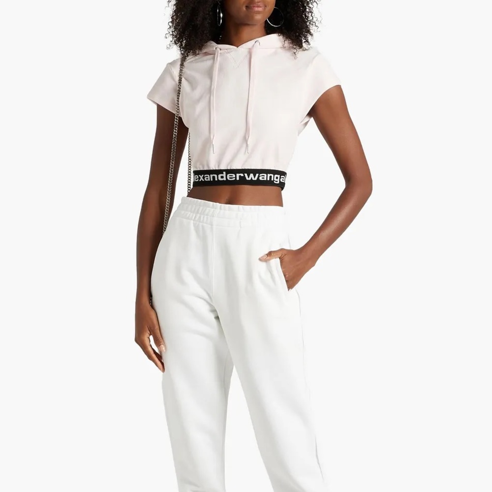 Alexander Wang Cap Sleeve Logo Accent Stretch Velvet Cropped Hoodie Sweatshirt L